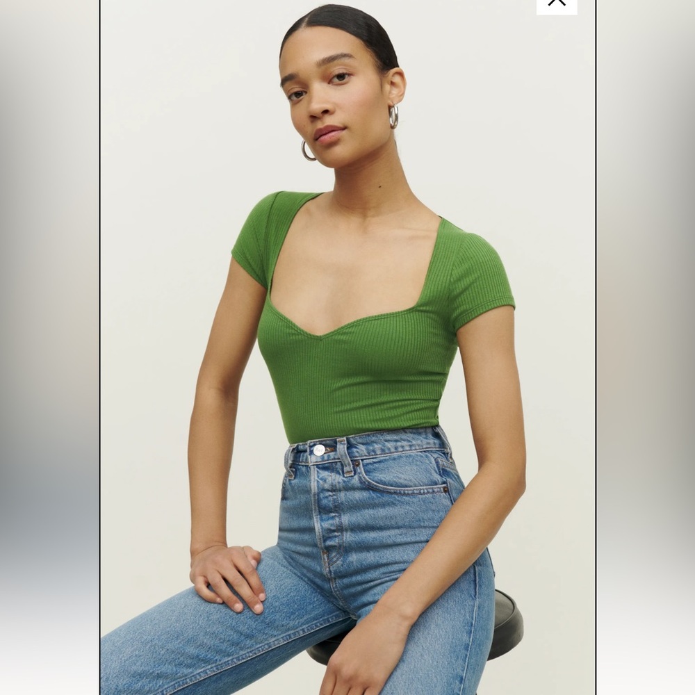 Reformation Green Ribbed Sweetheart Short Sleeve Top